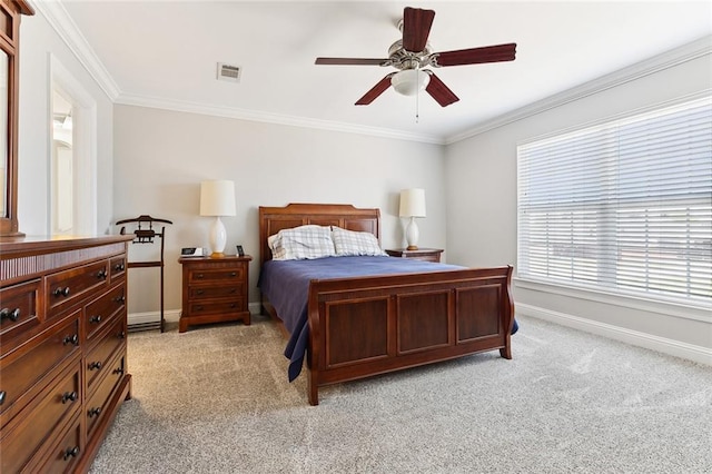 bedroom with light carpet, baseboards, visible vents, and crown molding