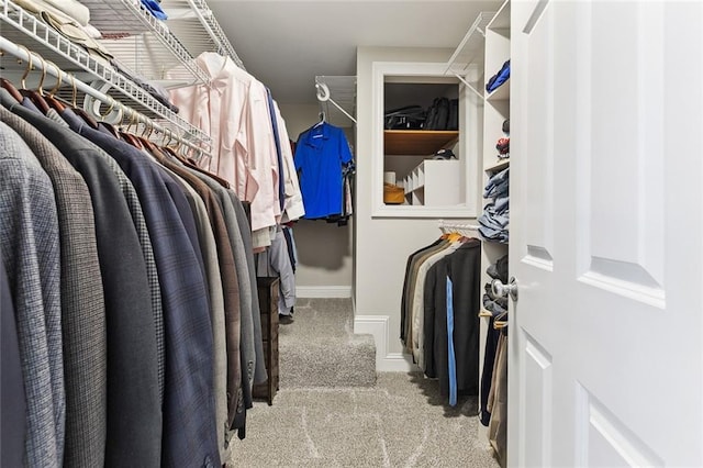 walk in closet featuring carpet flooring