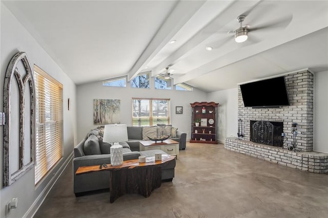 living area featuring ceiling fan, a brick fireplace, baseboards, concrete floors, and vaulted ceiling with beams
