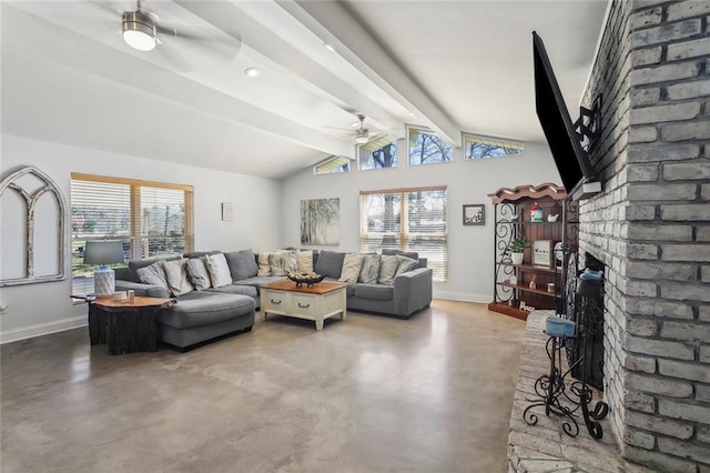 living area with baseboards, ceiling fan, lofted ceiling with beams, and a brick fireplace