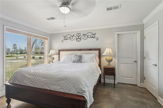 bedroom with visible vents, baseboards, and crown molding