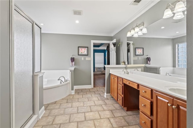 full bathroom with double vanity, a sink, visible vents, and crown molding