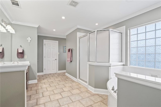 bathroom with visible vents, crown molding, and a shower stall