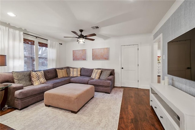 132 Coventry Ct, River Ridge, LA 70123 - living area featuring ceiling fan, baseboards, visible vents, and dark wood finished floors