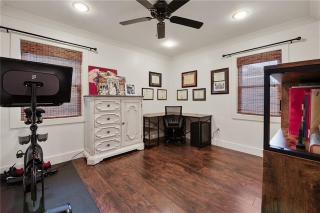 office area with dark wood-type flooring, recessed lighting, crown molding, and baseboards