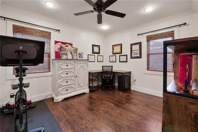132 Coventry Ct, River Ridge, LA 70123 - home office featuring baseboards, a ceiling fan, crown molding, recessed lighting, and dark wood-type flooring