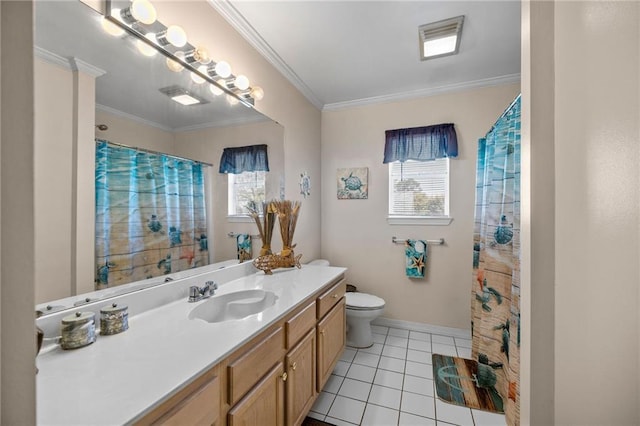 bathroom with a shower with shower curtain, toilet, tile patterned flooring, crown molding, and vanity