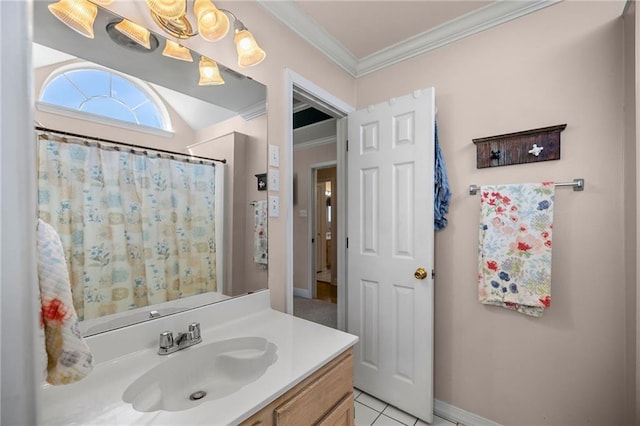 full bath featuring baseboards, ornamental molding, tile patterned floors, curtained shower, and vanity