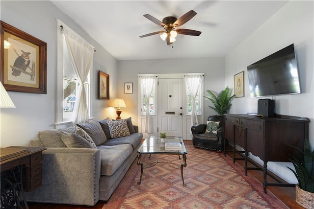 living area featuring a ceiling fan and wood finished floors