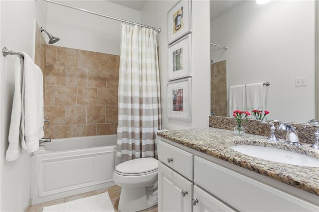 full bathroom with toilet, shower / tub combo, tile patterned floors, and vanity