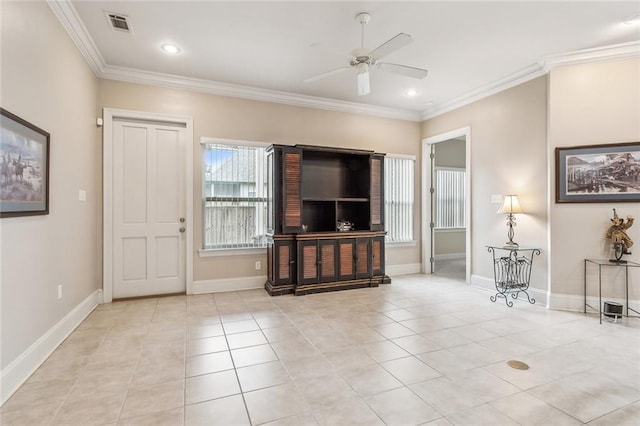 unfurnished living room with light tile patterned floors, baseboards, a ceiling fan, and crown molding