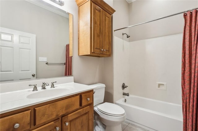 full bathroom with shower / tub combo, vanity, toilet, and tile patterned floors