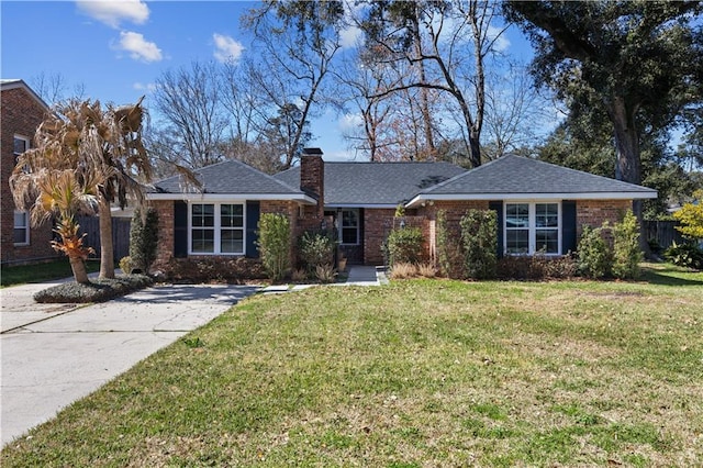 single story home with brick siding, a chimney, and a front lawn