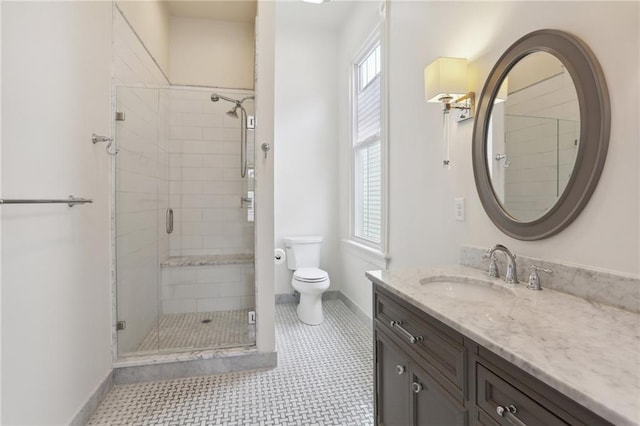 full bath with vanity, toilet, plenty of natural light, and a stall shower