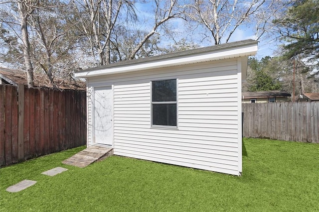 view of outbuilding with an outdoor structure and a fenced backyard