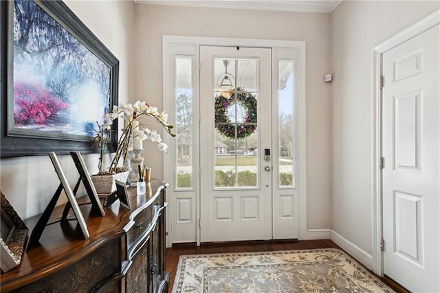 entrance foyer with baseboards and dark wood-type flooring