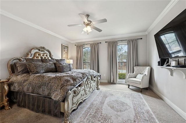 bedroom with baseboards, crown molding, a ceiling fan, and light colored carpet