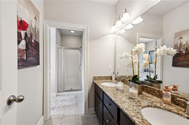 full bath featuring a stall shower, tile patterned flooring, a sink, and double vanity