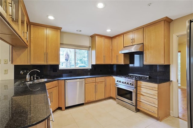 kitchen with dark stone counters, appliances with stainless steel finishes, a sink, under cabinet range hood, and backsplash