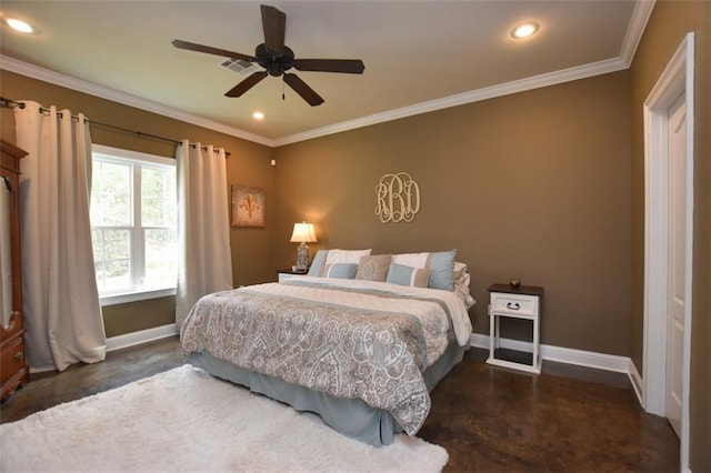 bedroom with ornamental molding, recessed lighting, visible vents, and baseboards