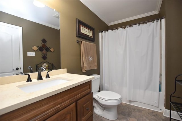 full bath with toilet, shower / bath combination with curtain, vanity, and crown molding