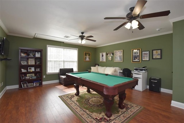 playroom with baseboards, visible vents, wood finished floors, and ornamental molding