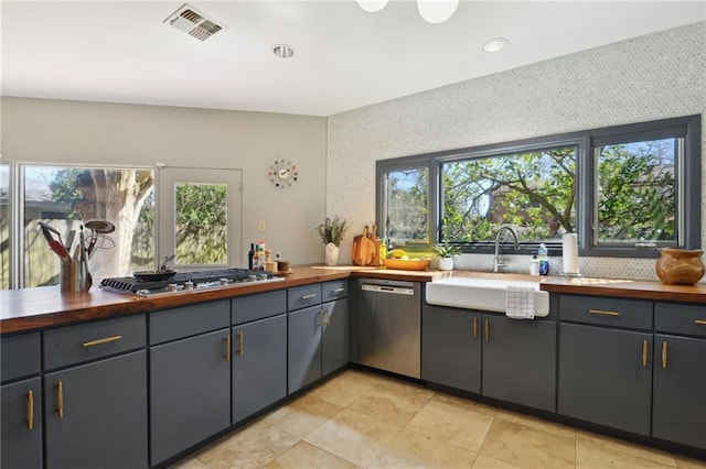 kitchen featuring a wealth of natural light, visible vents, appliances with stainless steel finishes, and a sink