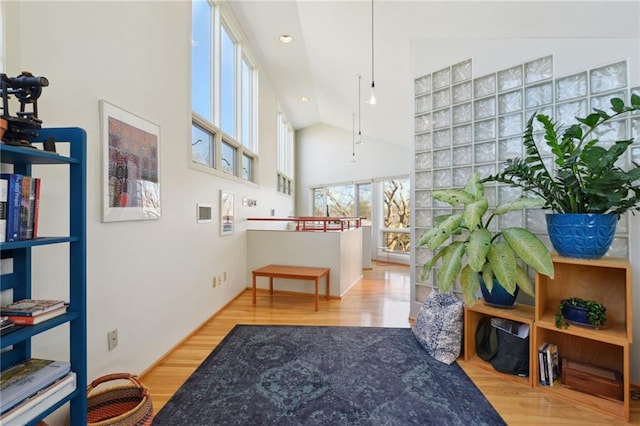 sitting room featuring high vaulted ceiling and wood finished floors