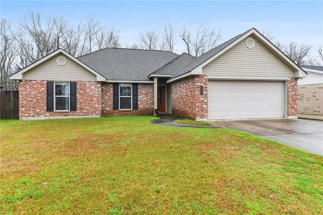 ranch-style home featuring a garage, a shingled roof, concrete driveway, a front lawn, and brick siding