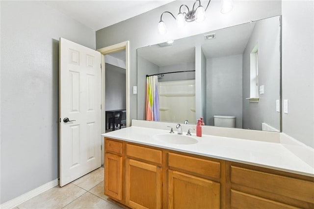 bathroom with visible vents, a shower with shower curtain, toilet, tile patterned flooring, and vanity