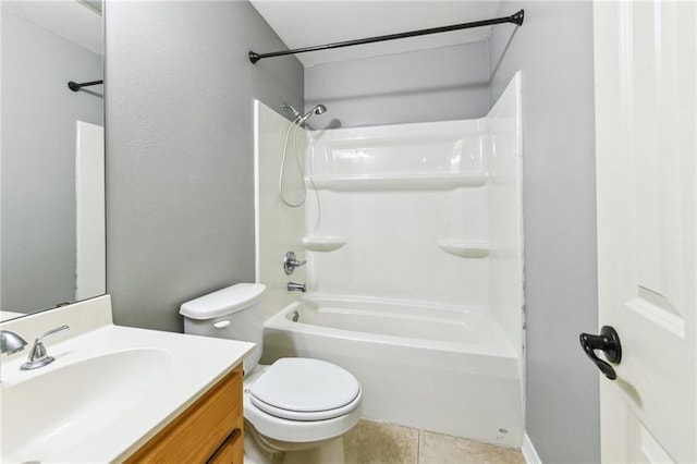 bathroom featuring bathtub / shower combination, vanity, toilet, and tile patterned floors