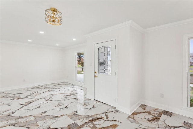 foyer with recessed lighting, crown molding, and baseboards