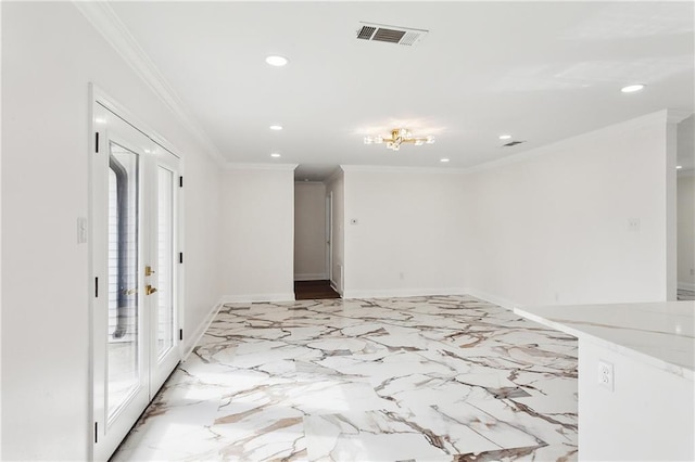 unfurnished room with recessed lighting, visible vents, baseboards, marble finish floor, and ornamental molding