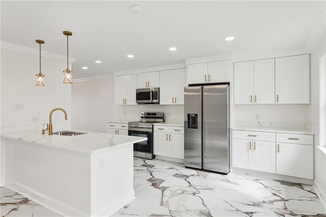 kitchen with ornamental molding, appliances with stainless steel finishes, a sink, and recessed lighting