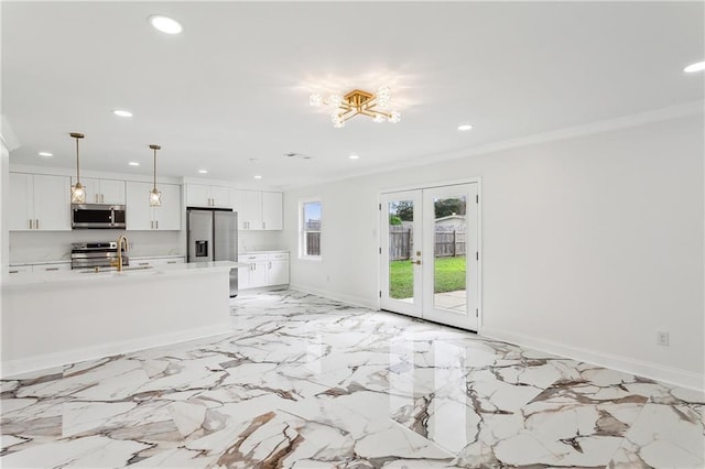 interior space with recessed lighting, french doors, crown molding, and baseboards