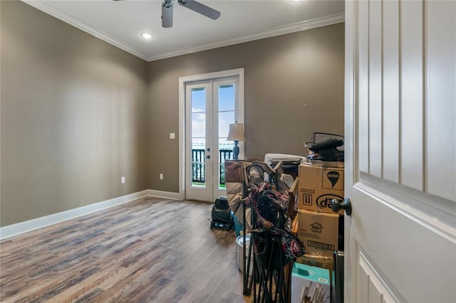 278 Lakeview Dr, Slidell, LA 70458 - interior space with ceiling fan, wood finished floors, baseboards, french doors, and crown molding
