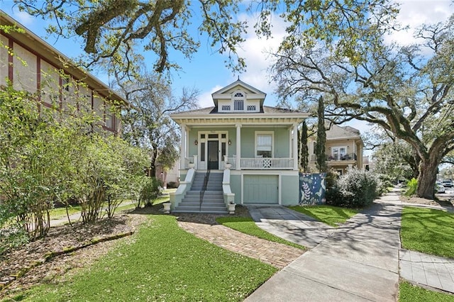 view of front of house with a porch, a garage, driveway, a front lawn, and stairs