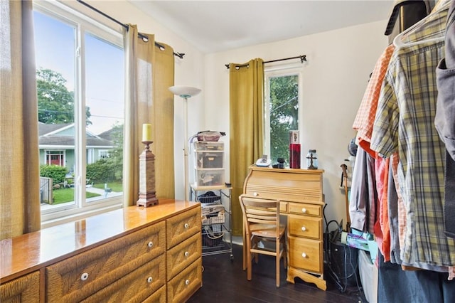 walk in closet with dark wood-type flooring