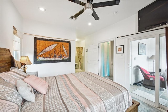 bedroom with ceiling fan, visible vents, and recessed lighting