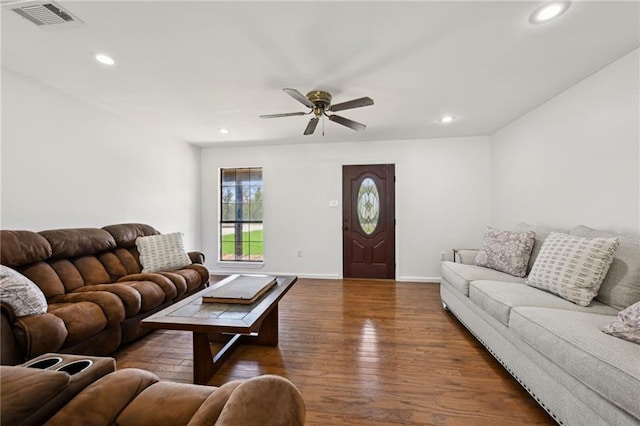 16685 Meissner Rd, Springfield, LA 70462 - living area featuring recessed lighting, baseboards, visible vents, a ceiling fan, and wood finished floors