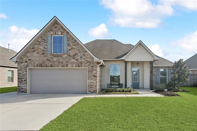 view of front of home with driveway, a garage, brick siding, a front lawn, and stucco siding