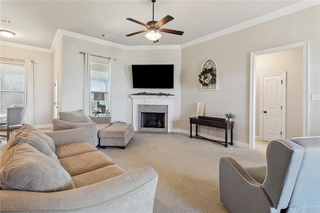 living room with crown molding, visible vents, a fireplace with flush hearth, light carpet, and baseboards