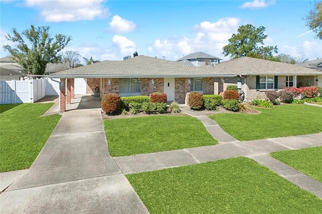 single story home with roof with shingles, a gate, fence, a front lawn, and brick siding