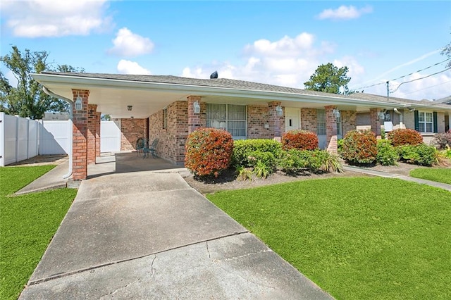 ranch-style home featuring brick siding, fence, an attached carport, driveway, and a front lawn