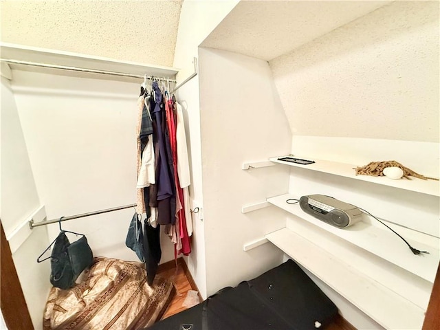 spacious closet featuring lofted ceiling and wood finished floors