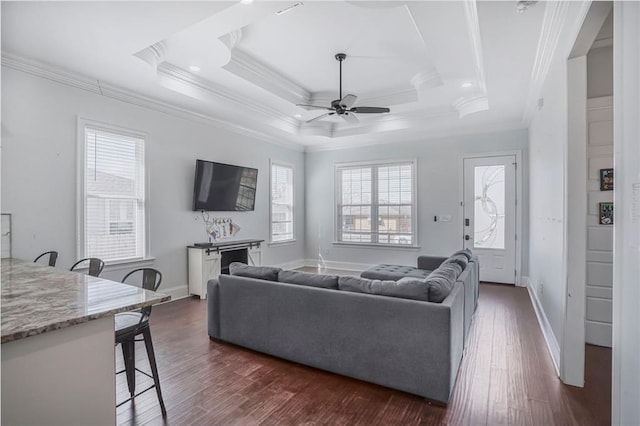 living area with dark wood-type flooring, a tray ceiling, baseboards, and a ceiling fan