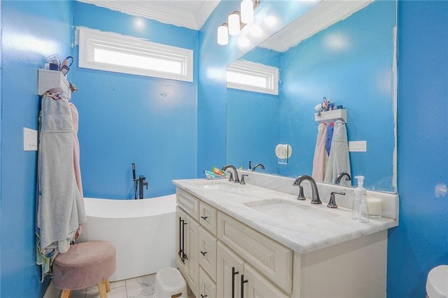 full bathroom featuring ornamental molding, a soaking tub, a sink, and double vanity