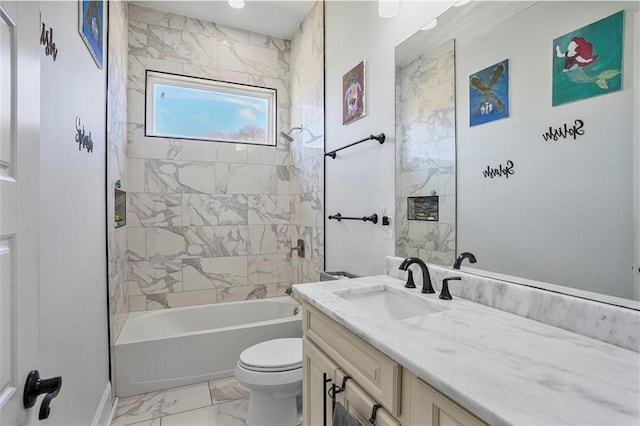 bathroom with marble finish floor, shower / bath combination, vanity, and toilet