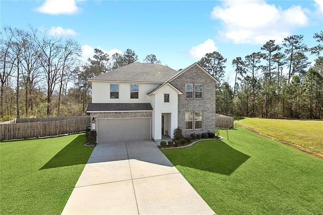 traditional-style house featuring an attached garage, fence, driveway, stucco siding, and a front lawn