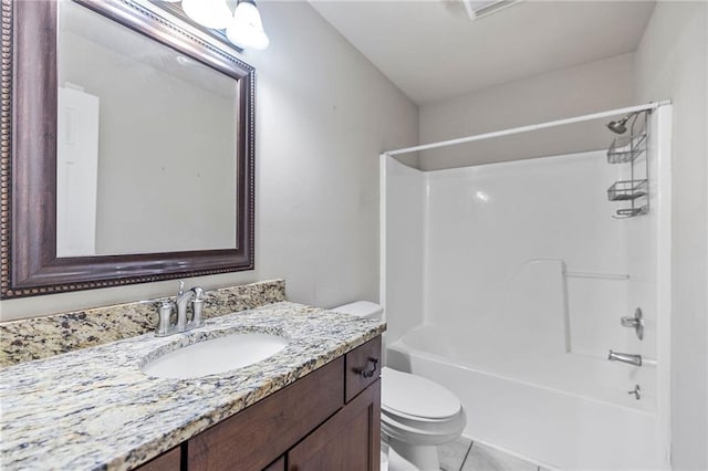 bathroom with shower / bathing tub combination, vanity, toilet, and tile patterned floors